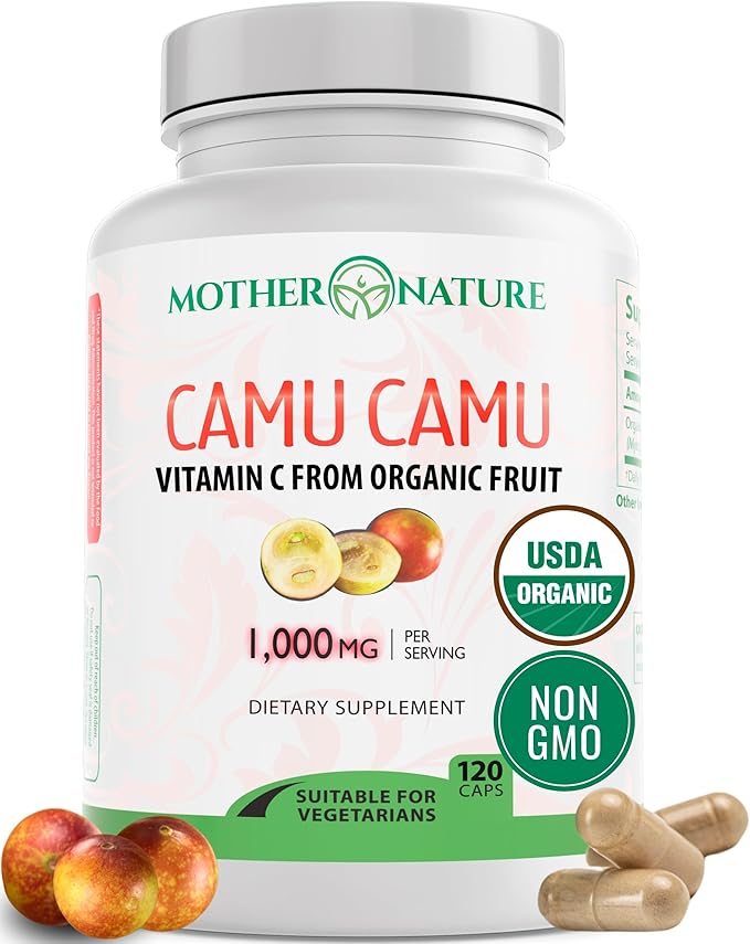 Organic Vitamin C from Camu Camu Capsules 1,000mg, Packed with Natural VIT C, Raw Antioxidants - Immune Support Supplement & Anti-Aging for Skin - Powder Organic, Vegan, Non-GMO (120 Count)