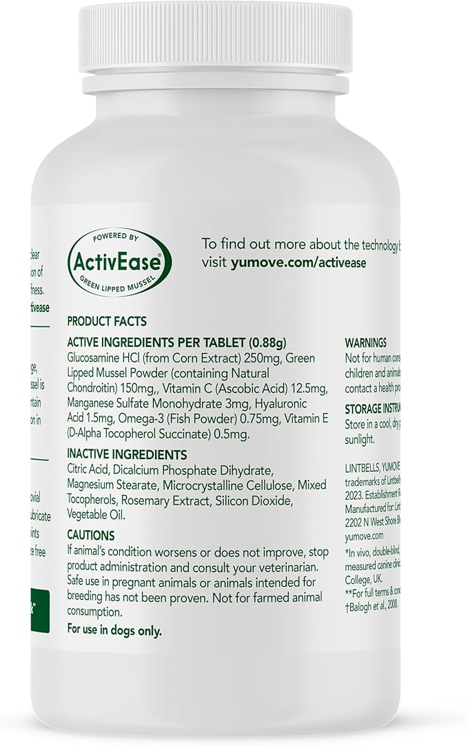 Yumove Hip & Joint Supplement for Dogs with Glucosamine, Hyaluronic Acid, Green Lipped Mussel & Omega 3 Joint Supplement - Regular or Advanced Strength (60 Count, Chewable Tablets)