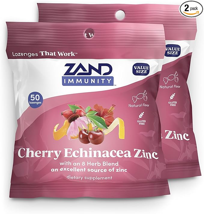 ZAND Immunity Cherry Echinacea Zinc Throat Lozenges 2 Pack - Good-for-You Dry Mouth Lozenges - Immune Support Supplement with Zinc 5mg - Soothe a Dry Throat - Natural Flavor, Gluten Free, 50ct ea