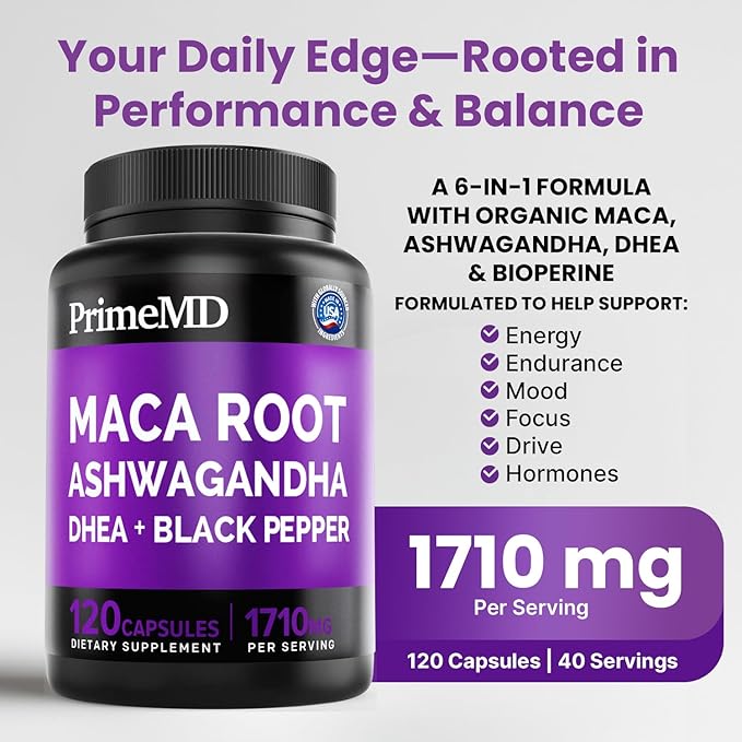 6-in-1 Organic Maca Root Ashwagandha Capsules 1710mg with DHEA and Black Pepper Fruit Extract for Women and Men - Black Maca Supplement for Stamina, Bone and Mood Support Supplement, 120 count