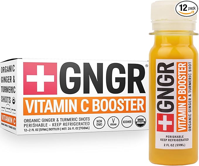 +GNGR Vitamin C Immunity Booster Cold-Pressed Ginger Shot with Turmeric, Cayenne, Acerola, Immunity Shot with Peruvian Ginger Juice for All Natural Immune & Digestive Support 2 fl oz (Pack of 12)