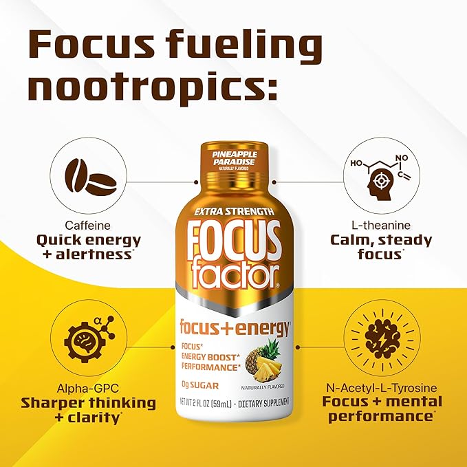 Focus Factor Extra Strength Focus + Energy Shots - 12 x 2oz Bottles (Pineapple Paradise Flavor) - Powered by Nootropics with Caffeine, L-Theanine, Ginkgo, Bacopa, L-Tyrosine, Alpha GPC