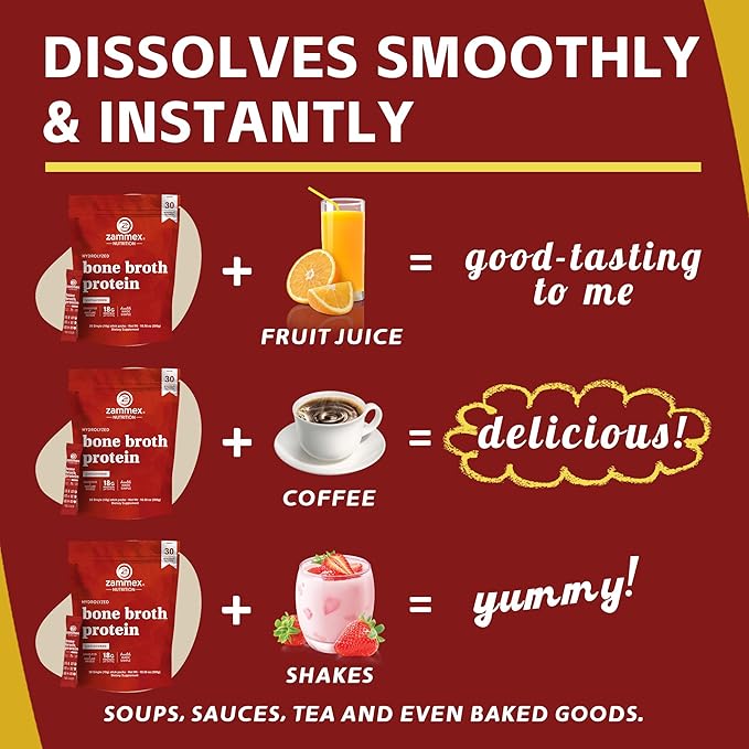 Zammex Bone Broth Packets-20g Collagen Protein-Beef Bone Broth Powder to Go-30 Travel Stick Packets-Supports Skin Nails Joints, Gut Health | Gluten-Free |Keto & Paleo Friendly (15 Servings)