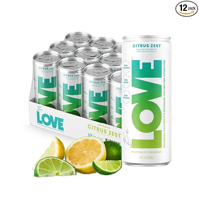 Be LOVE Balanced Electrolyte Beverage with Magnesium, Potassium & Sodium - Purified Still Beverage for Daily Hydration, Exercise, Work & Wellness- Zero Sugar, Gluten Free (Citrus Zest, 12oz x 12ct)