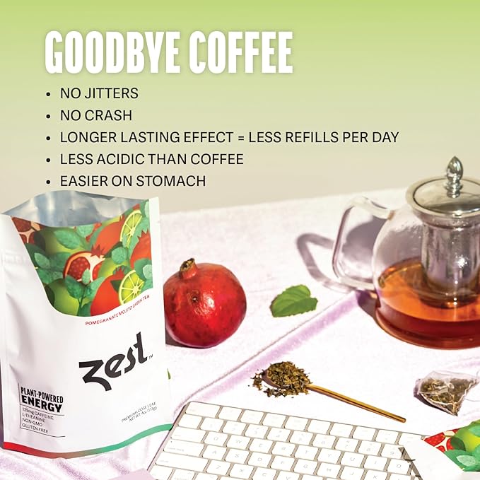 Zest Energy Green Tea - Pomegranate Mojito - High Caffeine Peppermint Tea Bags - Caffeinated Coffee Altnernative/Substitute - Natural, Non-GMO & Keto Friendly - Hot or Iced - 20Ct Pack - 135mg Caf