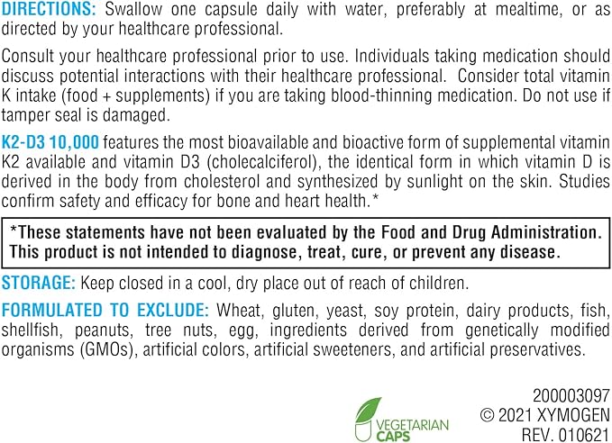 XYMOGEN K2-D3 10000 - Vitamin D3 K2 - Bioavailable Vitamin D 10,000 IU (Cholecalciferol) with MK-7 - Heart, Arterial, Bone Health + Immune Support Supplement (120 Capsules)