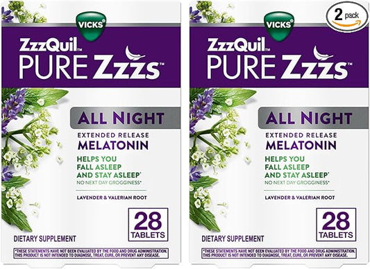ZzzQuil PURE Zzzs All Night Extended Release, Melatonin Sleep Aid Tablets, Helps You Stay Asleep Longer, Sleep Aid for Adults, 2 mg per tablet, 56 Total Tablets (2 Packs of 28)