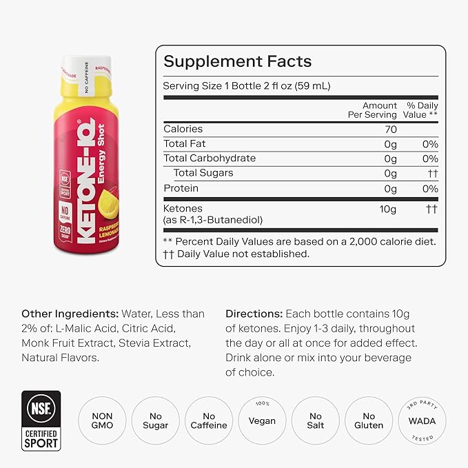 Ketone-IQ No Caffeine Exogenous Ketones Energy Shots - 24 Pack of Caffeine Free Energy Drinks with 10g Ketones - Sugar Free, Salt Free, and All Natural (Raspberry Lemonade)