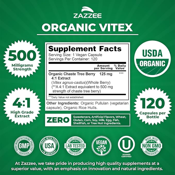 Zazzee USDA Organic Vitex, 500 mg Strength, 120 Vegan Capsules, 4 Month Supply, Kosher, Standardized and Concentrated 4X Extract, Whole USDA Certified Organic Chaste Berry, All-Natural and Non-GMO