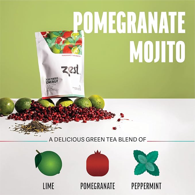 Zest Energy Green Tea - Pomegranate Mojito - High Caffeine Peppermint Tea Bags - Caffeinated Coffee Altnernative/Substitute - Natural, Non-GMO & Keto Friendly - Hot or Iced - 20Ct Pack - 135mg Caf