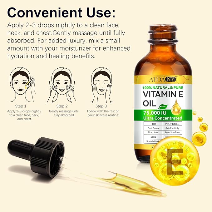 Vitamin E Oil Blend 75,000 IU, Vitamin E Oil for Skin, Scars, Face & Full Body, Tightening Plump Skin, Reduce Fine Lines & Scars, Moisturizing Skins, 2 Fl Oz