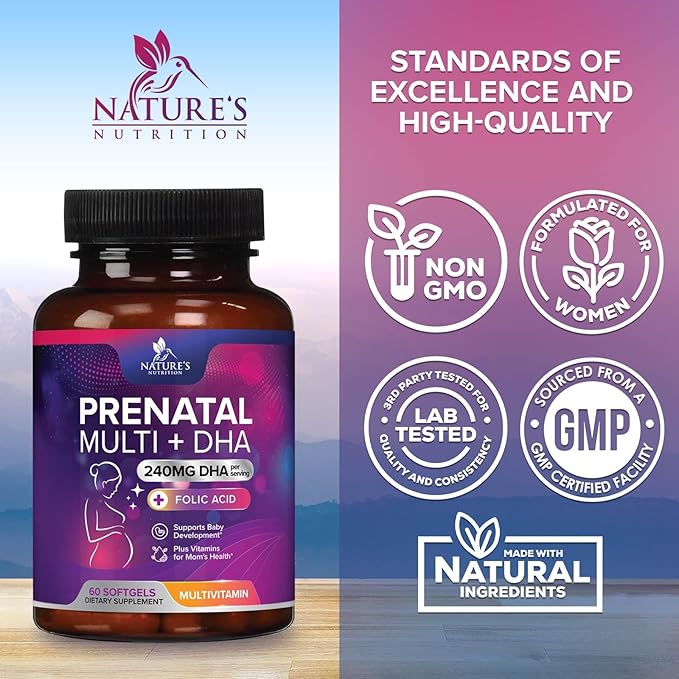 Prenatal Vitamins for Women with Folic Acid + Omega 3 DHA for Fetal Brain Development, Best Prenatal Vitamin Supplement, Daily Pregnancy Multivitamin Nutritional Support, Non-GMO - 60 Softgels