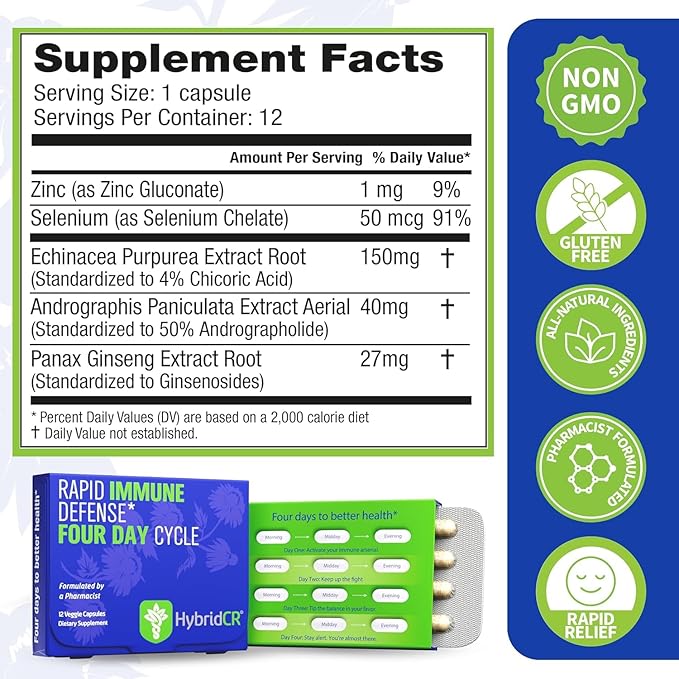 HybridCR Rapid Immune Support Supplement Pharmacist Formulated Natural Herbal Formula to Immunity Boost Response Gluten-Free Natural Cold Remedy | 12 Capsules in 4 Day Dose Pack