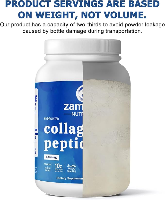 Zammex Collagen Peptides Powder, 90 Servings, Unflavored Instant Powdered, Pure Hydrolyzed Collagen Protein Powder (Type I, III) 100% Grass Fed, Paleo & Keto, Non-GMO, for Skin Hair Nail Joint