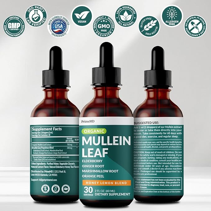 5-in-1 Mullein Drops for Bronchial and Respiratory Support with Mullen Leaf Extract Lung Supplement - Mullein Tincture with Elderberry and Ginger Root, Honey Lemon Flavor (60 Servings, Pack of 2)