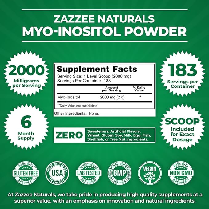 Zazzee Myo-Inositol Powder, 6 Month Supply, 183 Servings, 2000 mg per Serving, Free Scoop for Exact Dosage, 12.91 Ounces, 100% Pure, All-Natural Fertility and Reproductive Support, Vegan, Non-GMO