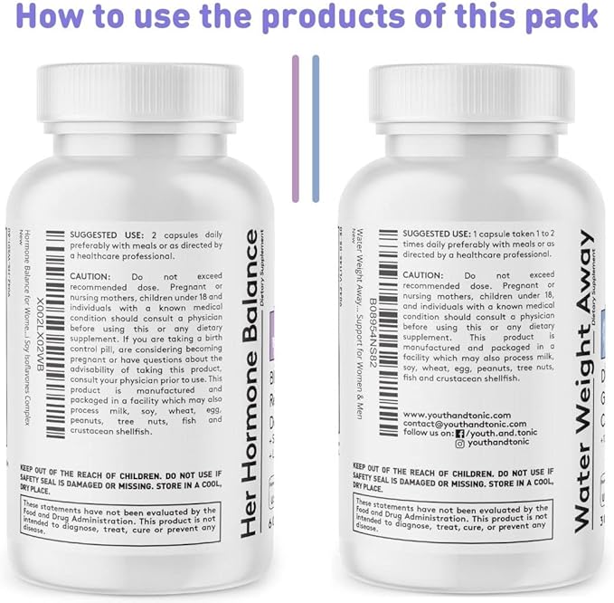 Youth & Tonic Water Retention Pills for Women and Hormone Balance Capsules for Swelling & Loss of Water and to Maintain Healthy Female Hormonal Level | 30 + 60 Capsules
