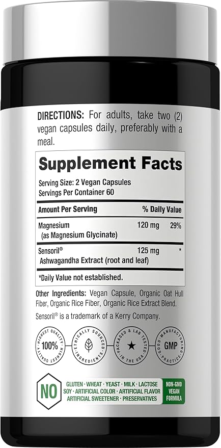 Horbäach Ashwagandha and Magnesium Glycinate | 120 Vegan Capsules | Support Supplement for Stress | Non-GMO, Gluten Free