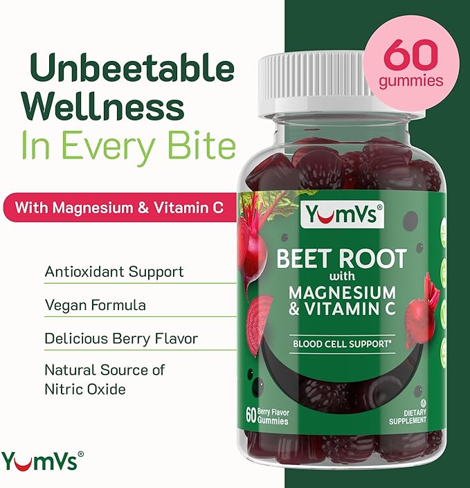 YumVs Beet Root Gummies with Magnesium and Vitamin C - Berry Flavor Beetroot Gummies - Beet Chews for Blood Circulation and Antioxidant Support - Red Beet Gummy- Berry 60 Count (Pack of 1)