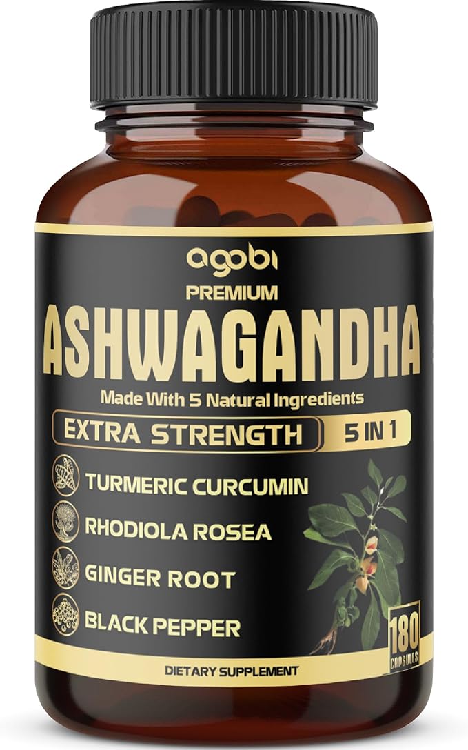 5in1 Premium Ashwagandha Capsules - Added Turmeric, Rhodiola Rosea, Ginger, Black Pepper - Strength, Spirit & Immune Support - 180 Caps for 6 Months