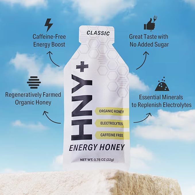HNY+ Organic Honey Energy Gel with Electrolytes, Magnesium, Sea Salt & Potassium, Gluten Free & Vegan, Workout Gels, for Gym, Running, Cycling & Hiking, Sports Nutrition, Caffeine Free, 12 Pack