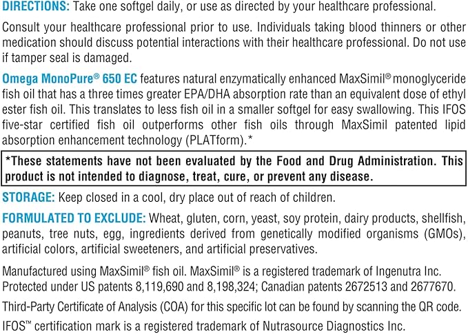 XYMOGEN Omega MonoPure 650 EC - Omega-3 Fish Oil Supplements for Women & Men - with EPA, DHA & DPA - Smaller Softgels with 3X Greater Absorption - Support a Healthy Heart & Cognition (120 Softgels)