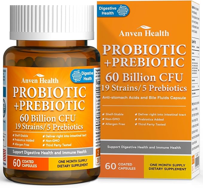 60 Billion Probiotics for Women and Men 19 Strains 5 Organic Prebiotics for Gut Digestive & Immune Health, Supports Diarrhea Gas Bloating, Non-GMO, Zero Fillers – Made in USA丨60 Caps