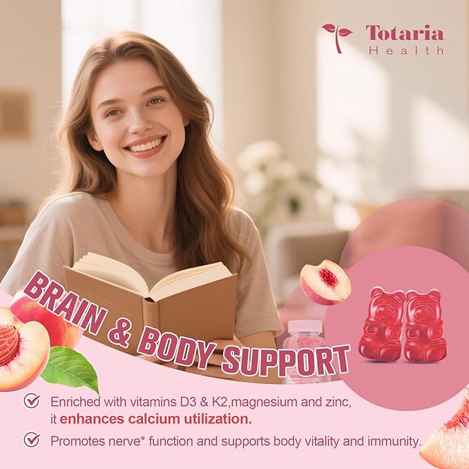 2 Pack Calcium Citrate Gummies 1200 mg - Calcium Supplements for Women with Vitamin D3 & K2,Magnesium,Zinc - Sugar Free Calcium Gummies for Bone & Teeth & Immune Support- Peach Flavor