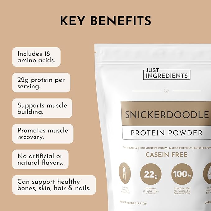 JUST INGREDIENTS Snickerdoodle Protein Powder - Grass-Fed Whey, Plant Proteins, Cinnamon Vanilla - 30 Servings