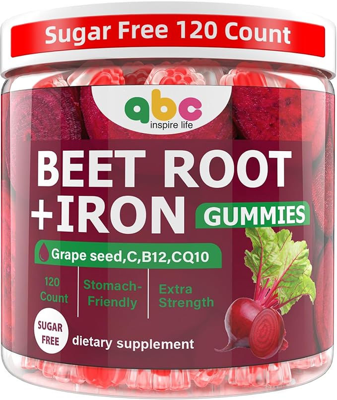 Beet Root Gummies 100mg – Red Beet Chewables with Grape Seed, CoQ10, Vitamin C, Iron & B12 – Supports Energy Metabolism & Healthy Circulation – Sugar Free Supplement for Women & Men, 120 Count