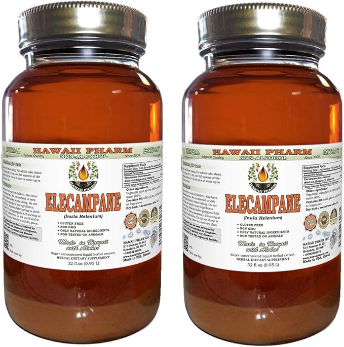 Elecampane Alcohol-Free Liquid Extract, Organic Elecampane (Inula Helenium) Dried Root Glycerite Hawaii Pharm Natural Herbal Supplement 2x32 oz Unfiltered