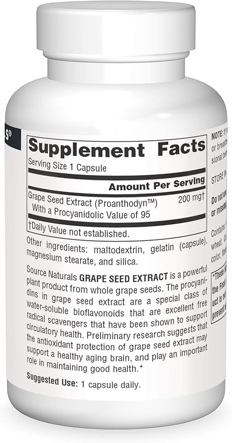 Source Naturals Proanthodyn Grape Seed Extract, Antioxidant Protection, Supports a Healthy Aging Brain*, 200 mg - 90 Capsules
