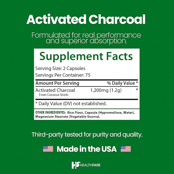 Activated Charcoal Capsules 1200 mg | 150 Vegan Capsules | Coconut-Sourced Charcoal | Natural Internal Cleanse Support | Non-GMO & Gluten-Free | Made in USA