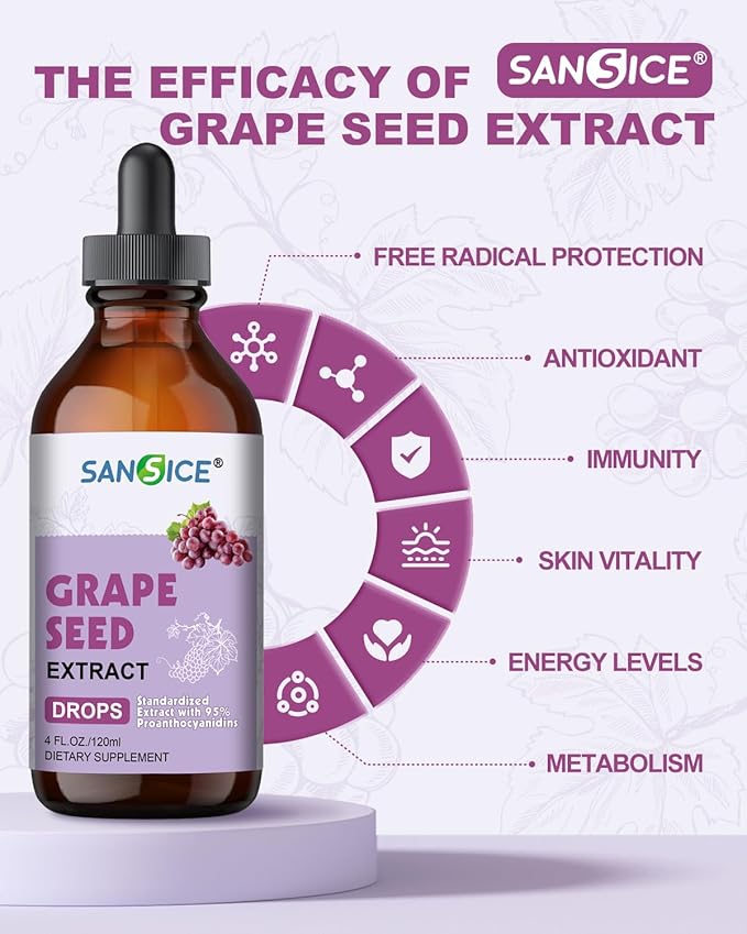 Grape Seed Liquid Drops, Organic Grape Seed Extract Supplement Standardized to 95% Polyphenols, High Absorption Vitis Vinifera Seed Tincture with Vitamin C & E, Alcohol Free, Non-GMO (4 FL OZ)