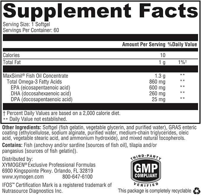 XYMOGEN Omega MonoPure 1300 EC - Fish Oil with 3X Greater Absorption - DHA EPA Omega 3 Supplement for Heart Health + Cognitive Support (60 Softgels)