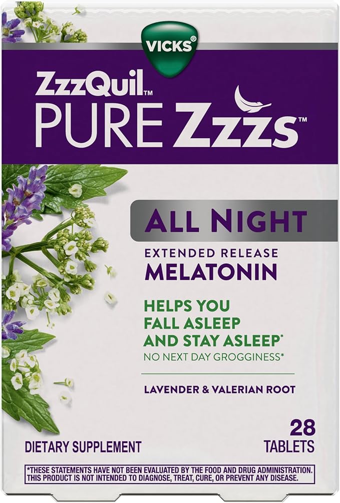 ZzzQuil PURE Zzzs All Night Extended Release, Melatonin Sleep Aid Tablets, Helps You Stay Asleep Longer, Sleep Aid for Adults, 2 mg per tablet, 56 Total Tablets (2 Packs of 28)