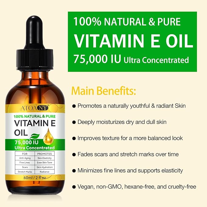 Vitamin E Oil Blend 75,000 IU, Vitamin E Oil for Skin, Scars, Face & Full Body, Tightening Plump Skin, Reduce Fine Lines & Scars, Moisturizing Skins, 2 Fl Oz