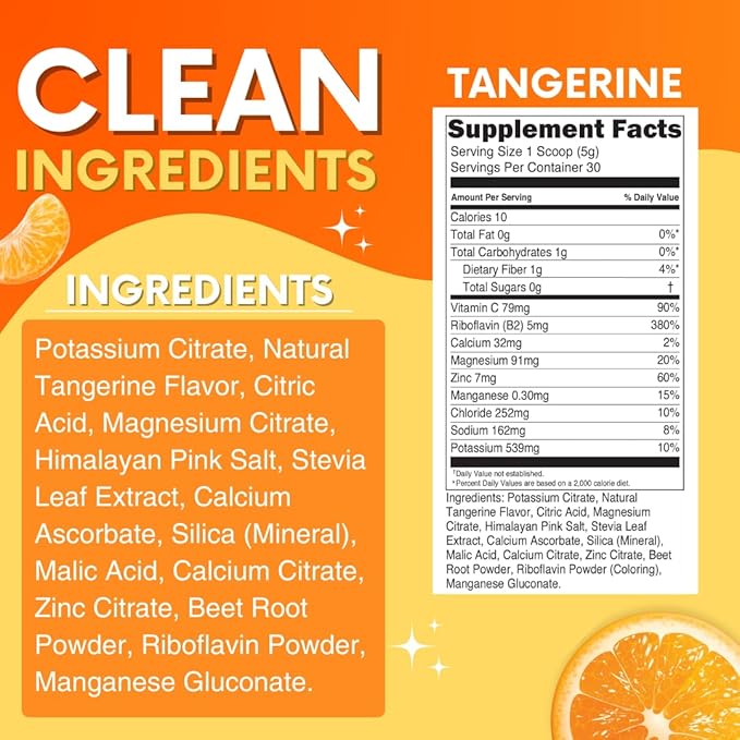 Zero Sugar - Tangerine Electrolytes Powder - Refreshing Hydration - Caffeine Free Energy with All Natural Ingredients - Vegan, Keto & Paleo - Sugar Free Electrolytes Hydration Drink Mix - 30 Servings