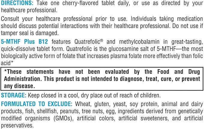 XYMOGEN 5-MTHF Plus B12 - Biologically Active Folate + Methyl B12 (Methylcobalamin) to Support Methylation and Nervous System Health - Great-Tasting Cherry Flavor (60 Quick-Dissolve Tablets)