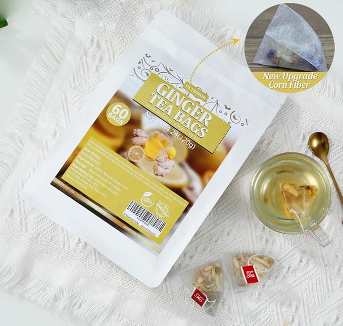 60 Premium Ginger Tea Bags, Made with 100% High-Spiciness Ginger Root, Full of Favor & Spicy, Support Digestion & Boost Immunity, No Additives & Caffeine Free.