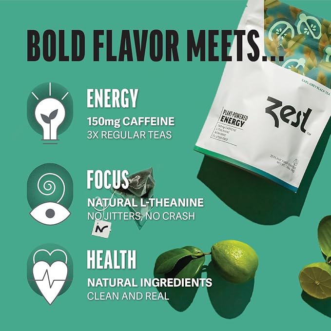 Zest Energy Green Tea - Pomegranate Mojito - High Caffeine Peppermint Tea Bags - Caffeinated Coffee Altnernative/Substitute - Natural, Non-GMO & Keto Friendly - Hot or Iced - 20Ct Pack - 135mg Caf