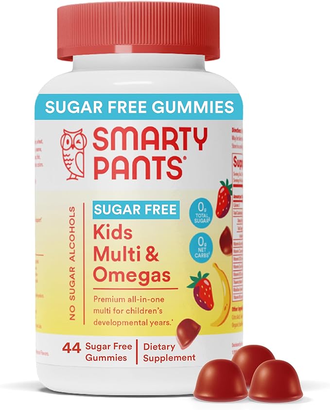SmartyPants Kids Multivitamin Gummies, Sugar Free: Omega 3 (ALA), Vitamin D3, C, Vitamin B12, B6, A, K & Zinc for Immune Support, Biotin, Erythritol Free, Strawberry Banana, 44 Count (22 Day Supply)