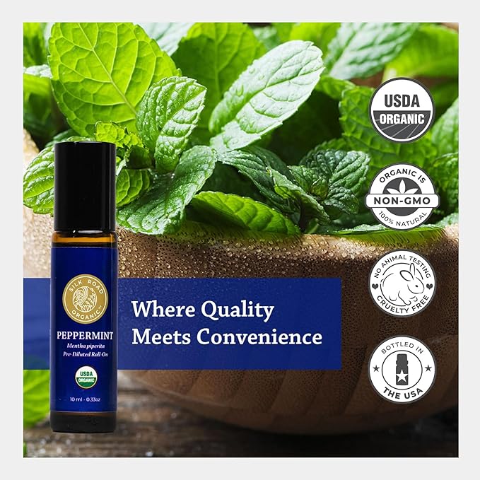 Silk Road Organic Peppermint Essential Oil Roll On, USDA Certified, for Nausea Morning Sickness, Focus & Head Tension - 10 ml Aromatherapy Roller
