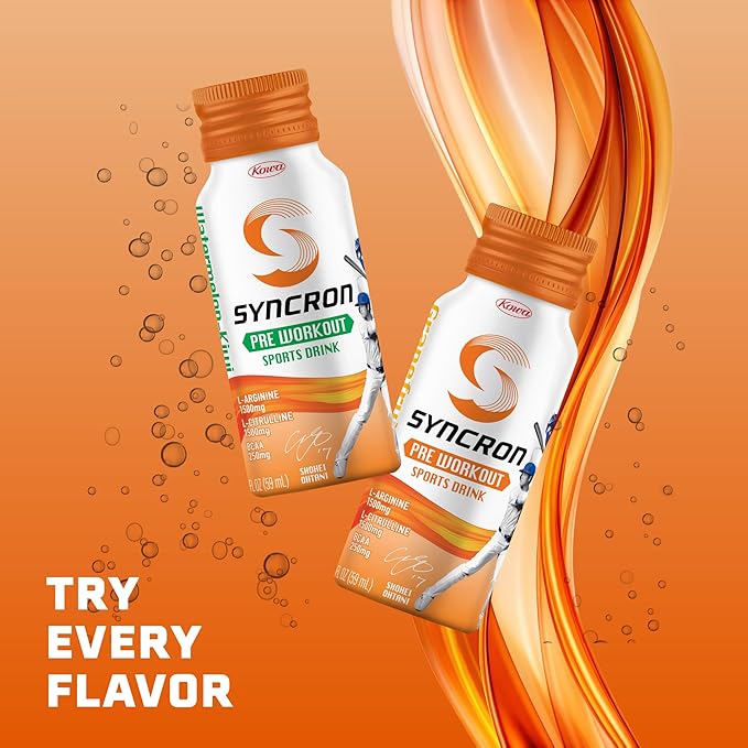 Syncron Pre Workout Sports Drink Endorsed by Shohei Ohtani, Aluminum Bottled, Sugar Free Pre Workout Drink with L Arginine, L Citrulline & BCAAs, Pre Workout Energy Shot, Grapefruit, 6 Pack, 2 oz