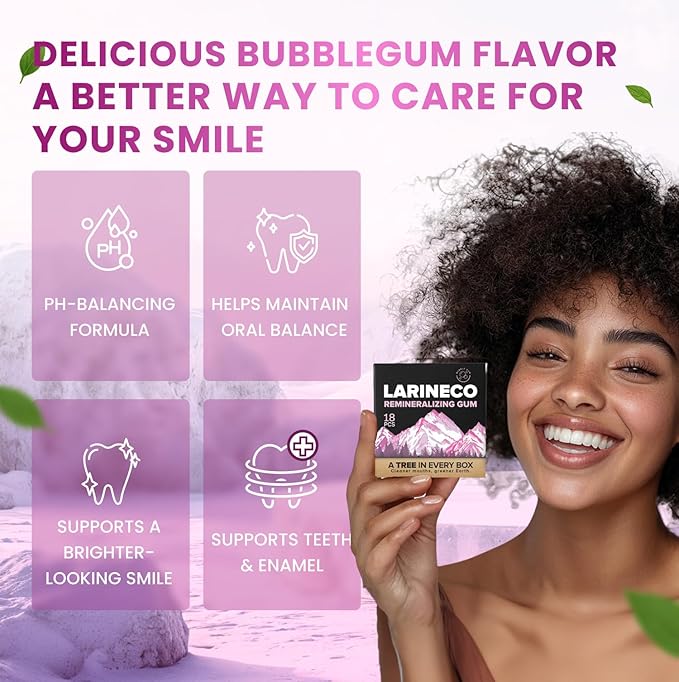 Larineco Remineralizing Gum with Nano Hydroxyapatite & Xylitol – Sugar-Free Cinnamon Xylitol Gum – Plastic-Free, Dye-Free, Aspartame-Free – Natural Base – 18 Pieces (18 Count (Pack of 2), Bubble Gum)