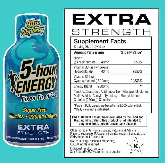 5-hour ENERGY Shots Extra Strength, Blue Raspberry Flavor, 30 Count, 1.93 Fl Oz, Sugar Free, Zero Calories, Amino Acids and Essential B Vitamins, Dietary Supplement, Feel Alert and Energized, 230 mg Caffeine