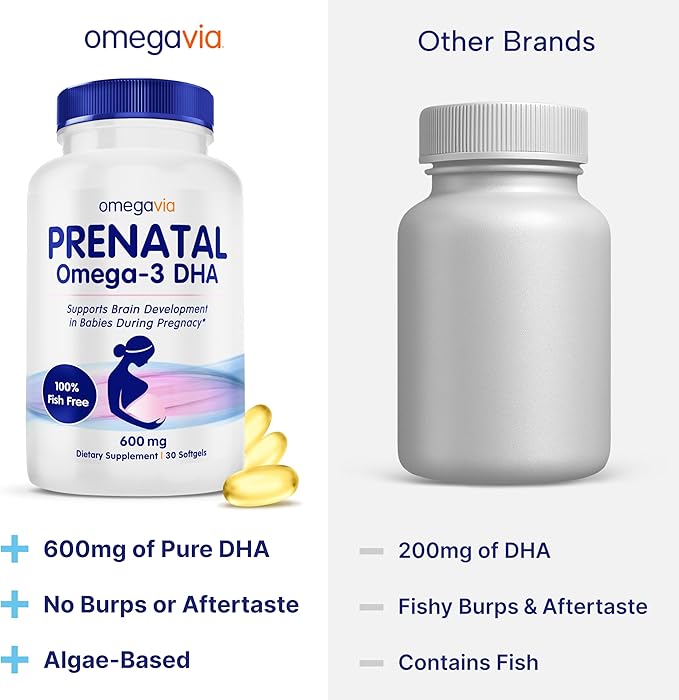 OmegaVia Prenatal DHA 600mg | Fish-Free Omega-3 Supplement | Supports Baby’s Brain, Eye & Nervous System Development | Safe for Pregnancy & Lactation | 30 Easy-to-Swallow Softgels