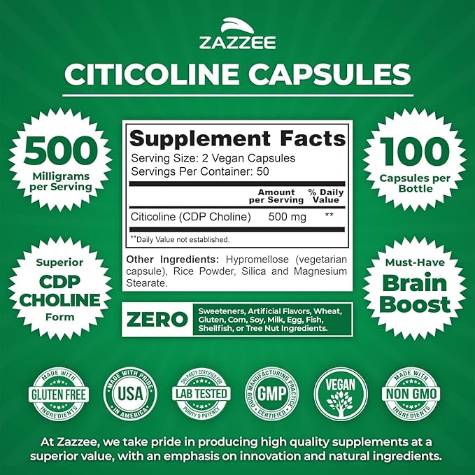Zazzee Extra Strength Citicoline, 500 mg per Serving, 100 Vegan Capsules, Superior CDP Choline Form, 100% Vegetarian and Pharmaceutical Grade, 50-Day Supply, All-Natural and Non-GMO