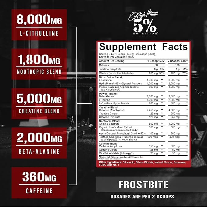 5% Nutrition Rich Piana Reloaded High Stim Pre-Workout | Ultra Energy, Focus, Pumps, Power & Endurance | Citrulline, GlycerSize, Nitrosigine, Creatine, Choline, Huperzine A (Frostbite)