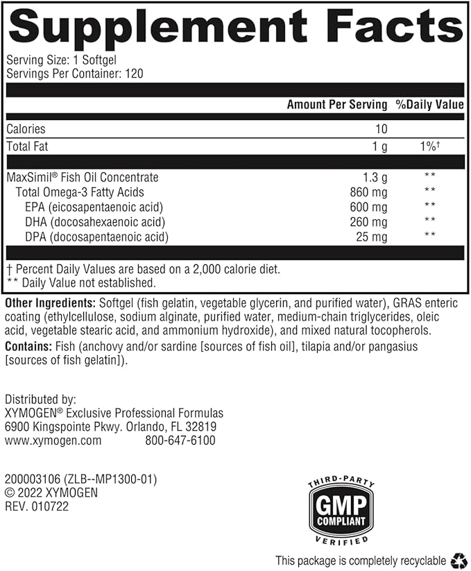 XYMOGEN Omega MonoPure 1300 EC - Fish Oil with 3X Greater Absorption - DHA EPA Omega-3 Supplement for Cardiovascular + Cognitive Support (120 Softgels)